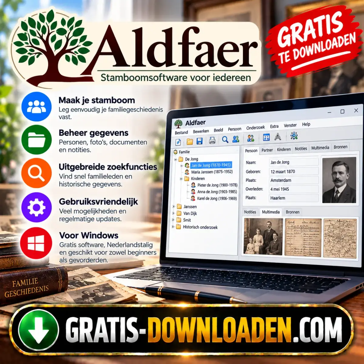 Illustratie van Aldfaer: het Aldfaer-logo met een boom, oude familiefoto's en een laptop met een stamboom in Aldfaer