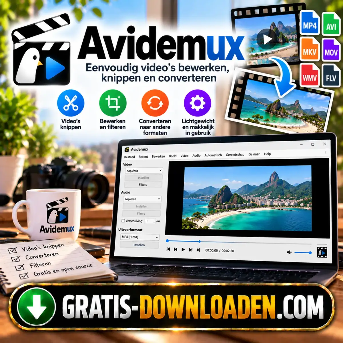 Illustratie van Avidemux: het Avidemux-logo met een filmklapper, een laptop met de Avidemux-editor en videobestanden
