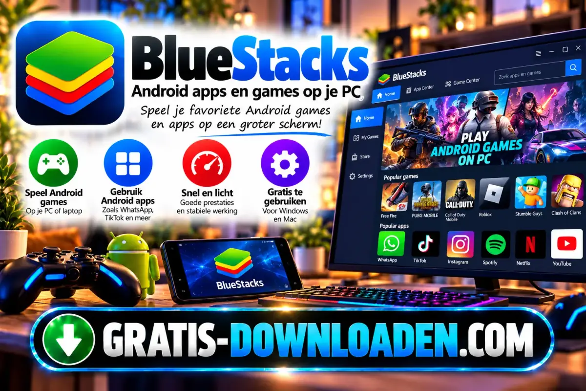Illustratie van BlueStacks: het BlueStacks-logo met een laptop met Android-games, een gamecontroller en een telefoon