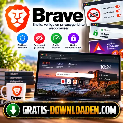 Illustratie van Brave: het Brave-logo met de leeuw en een laptop met de Brave-browser, naast iconen voor advertenties blokkeren en privacy