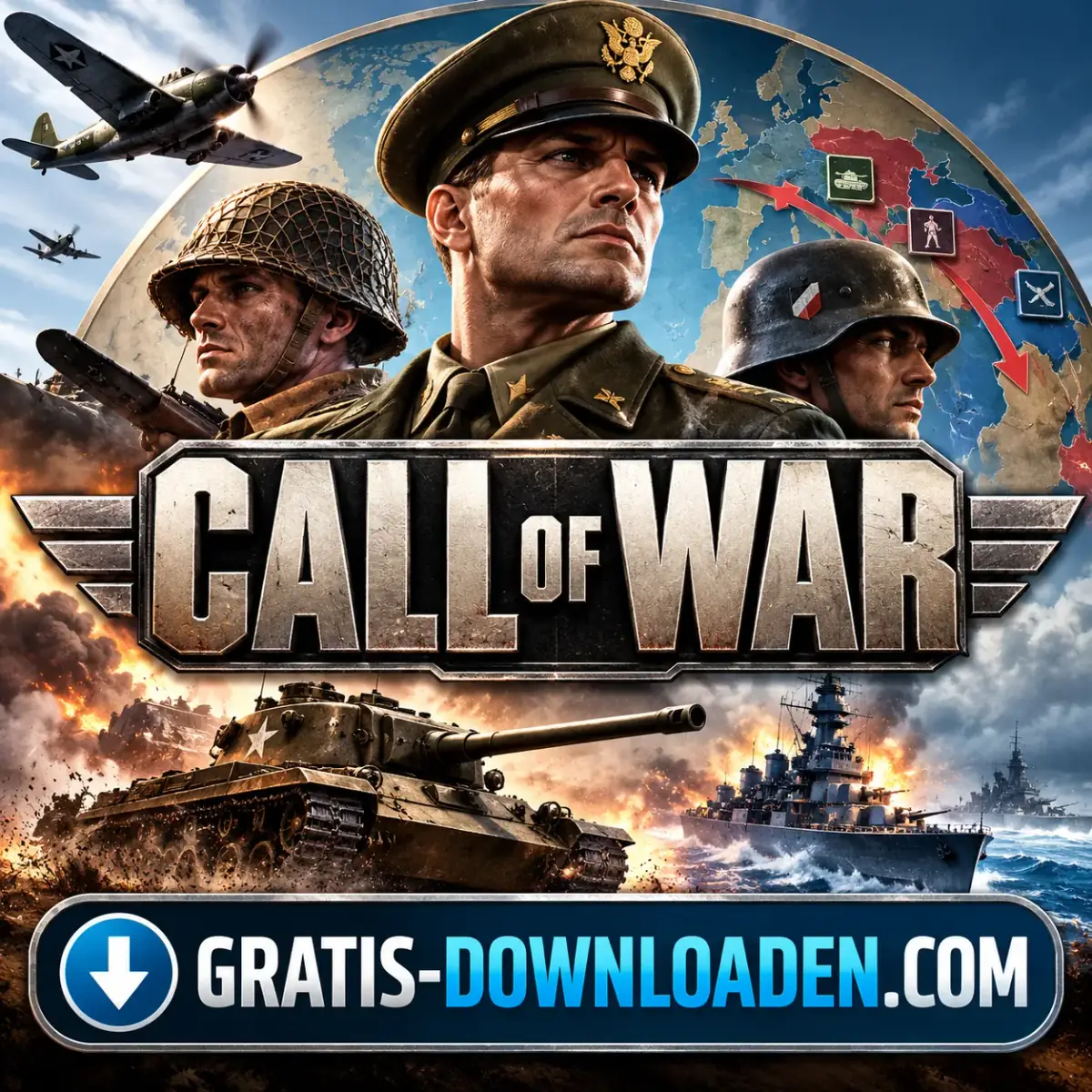 Illustratie van Call of War: een officier met soldaten uit de Tweede Wereldoorlog, een tank, een oorlogsschip en vliegtuigen