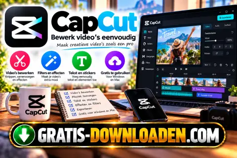 Illustratie van CapCut: het CapCut-logo met een laptop met een videotijdlijn, een telefoon en iconen voor knippen, effecten en tekst