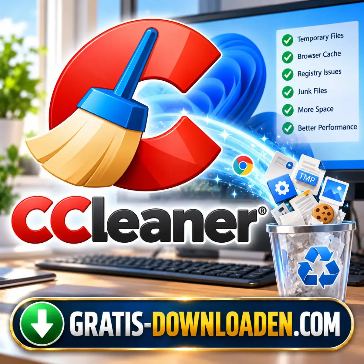 Illustratie van CCleaner: het CCleaner-logo met een bezem die tijdelijke bestanden, cookies en browsercache naar de prullenbak veegt