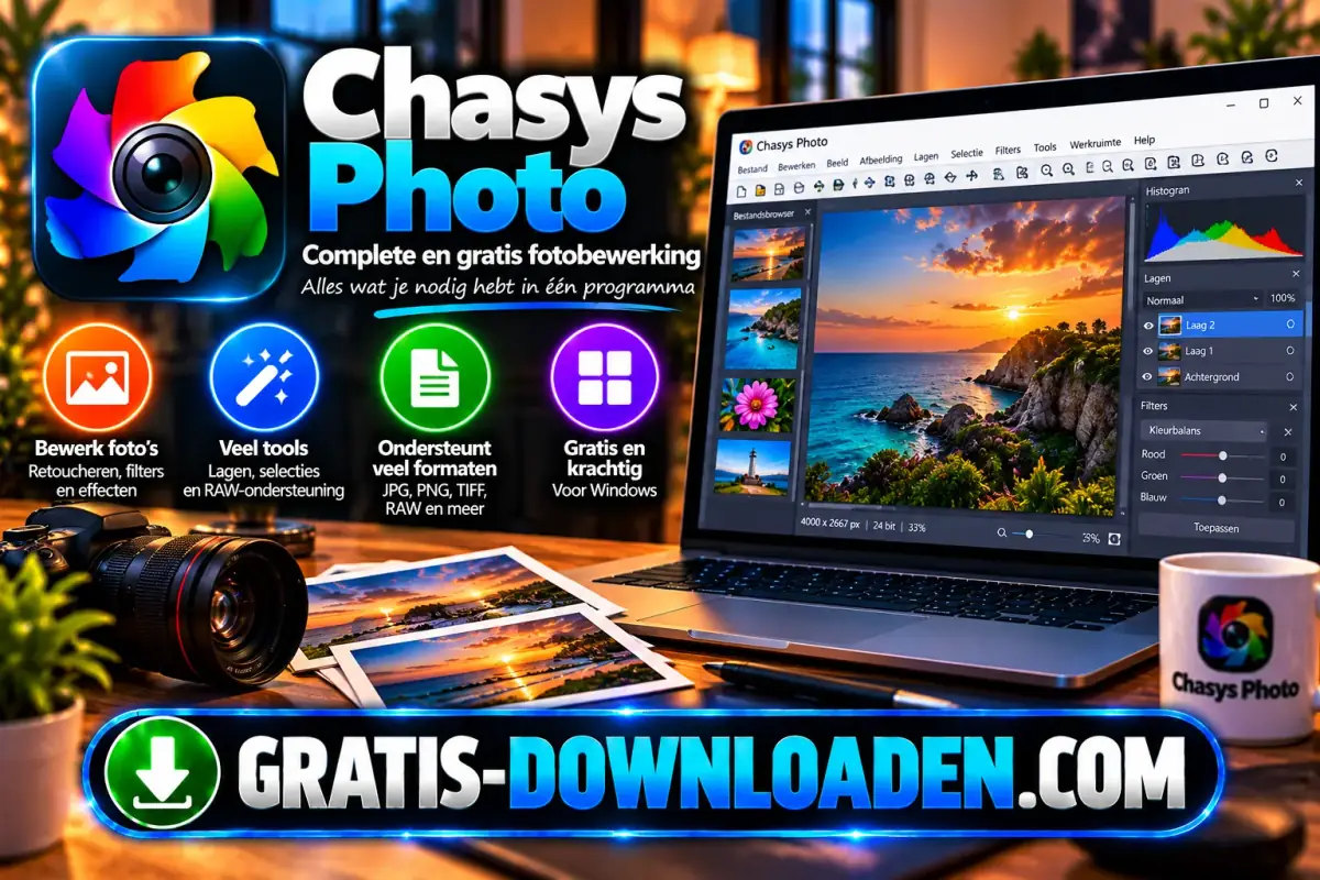 Illustratie van Chasys Photo: het kleurrijke Chasys-logo met een laptop met een kustfoto in bewerking, lagen en een histogram, en een camera