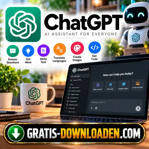 Illustratie van ChatGPT: het ChatGPT-logo met een vriendelijke robot, een koffiemok en een laptop met het ChatGPT-chatvenster