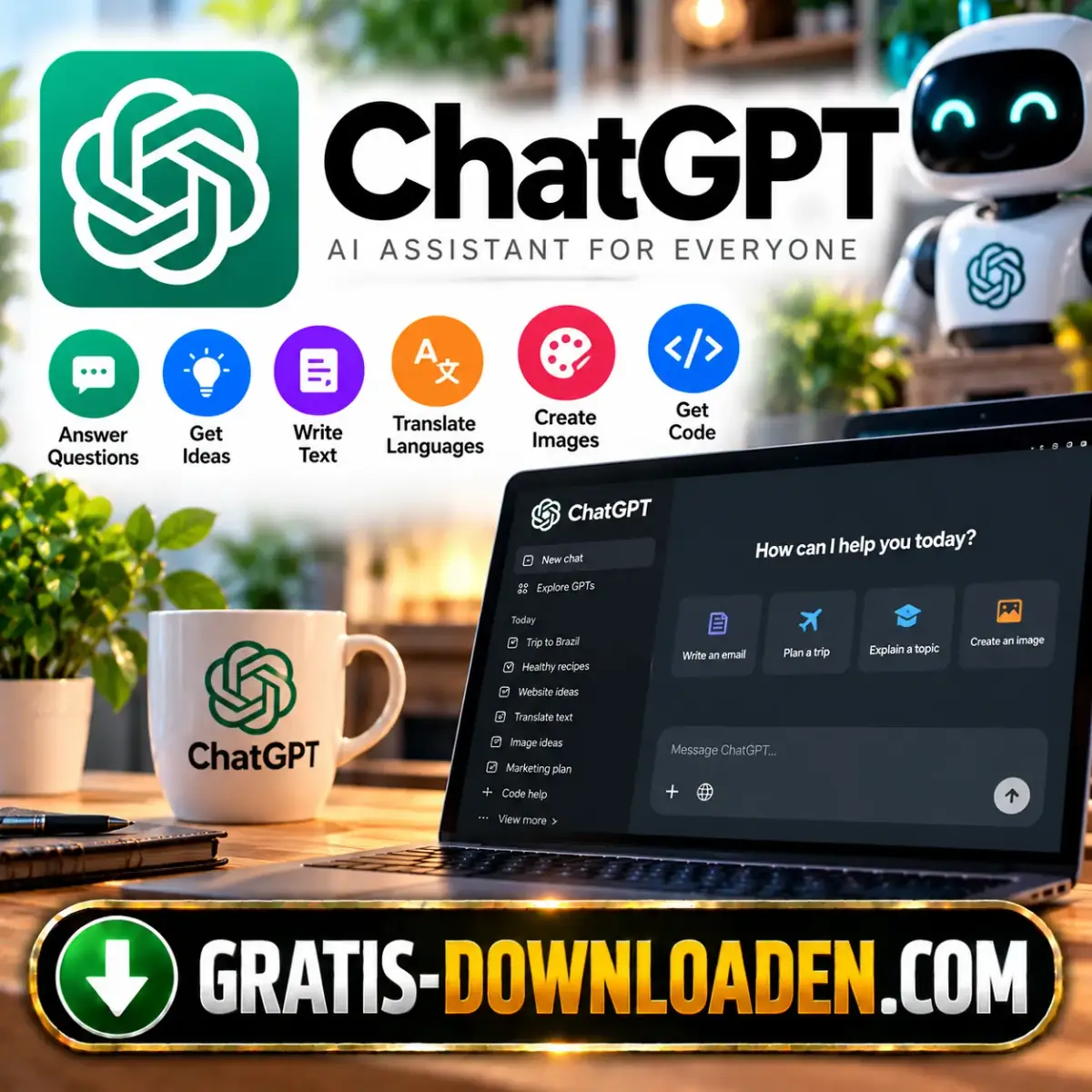 Illustratie van ChatGPT: het ChatGPT-logo met een vriendelijke robot, een koffiemok en een laptop met het ChatGPT-chatvenster