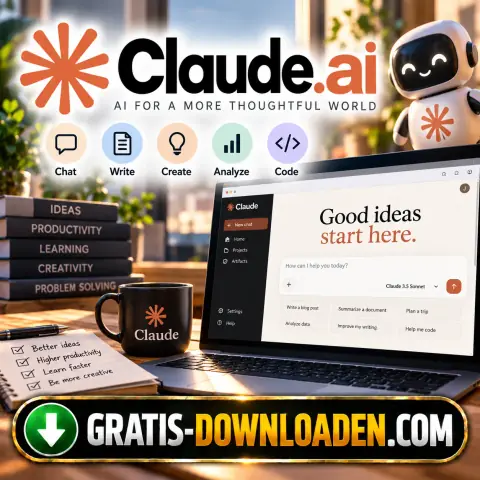 Illustratie van Claude: het Claude.ai-logo met een robot, een notitieblok met ideeën en een laptop met het Claude-chatvenster