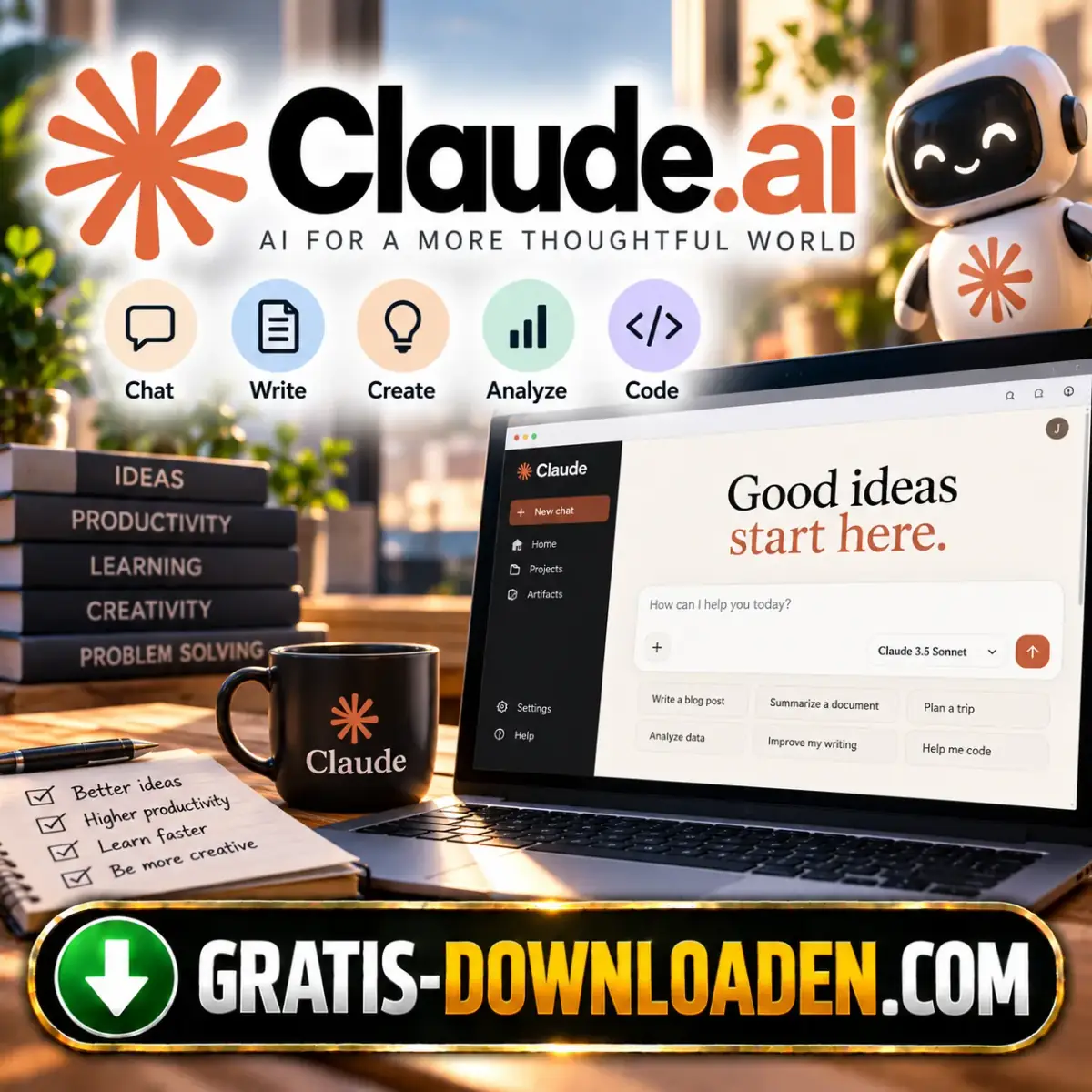 Illustratie van Claude: het Claude.ai-logo met een robot, een notitieblok met ideeën en een laptop met het Claude-chatvenster