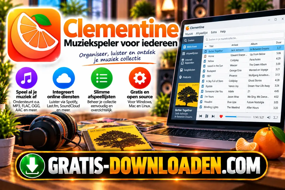 Illustratie van Clementine: het mandarijnlogo van Clementine met een laptop met een muziekbibliotheek, een koptelefoon en een mandarijn