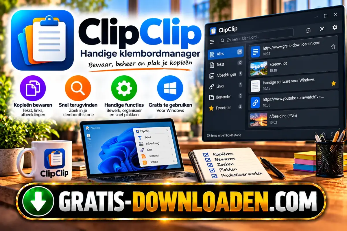Illustratie van ClipClip: het ClipClip-logo met een klembord en een laptop met een lijst gekopieerde items
