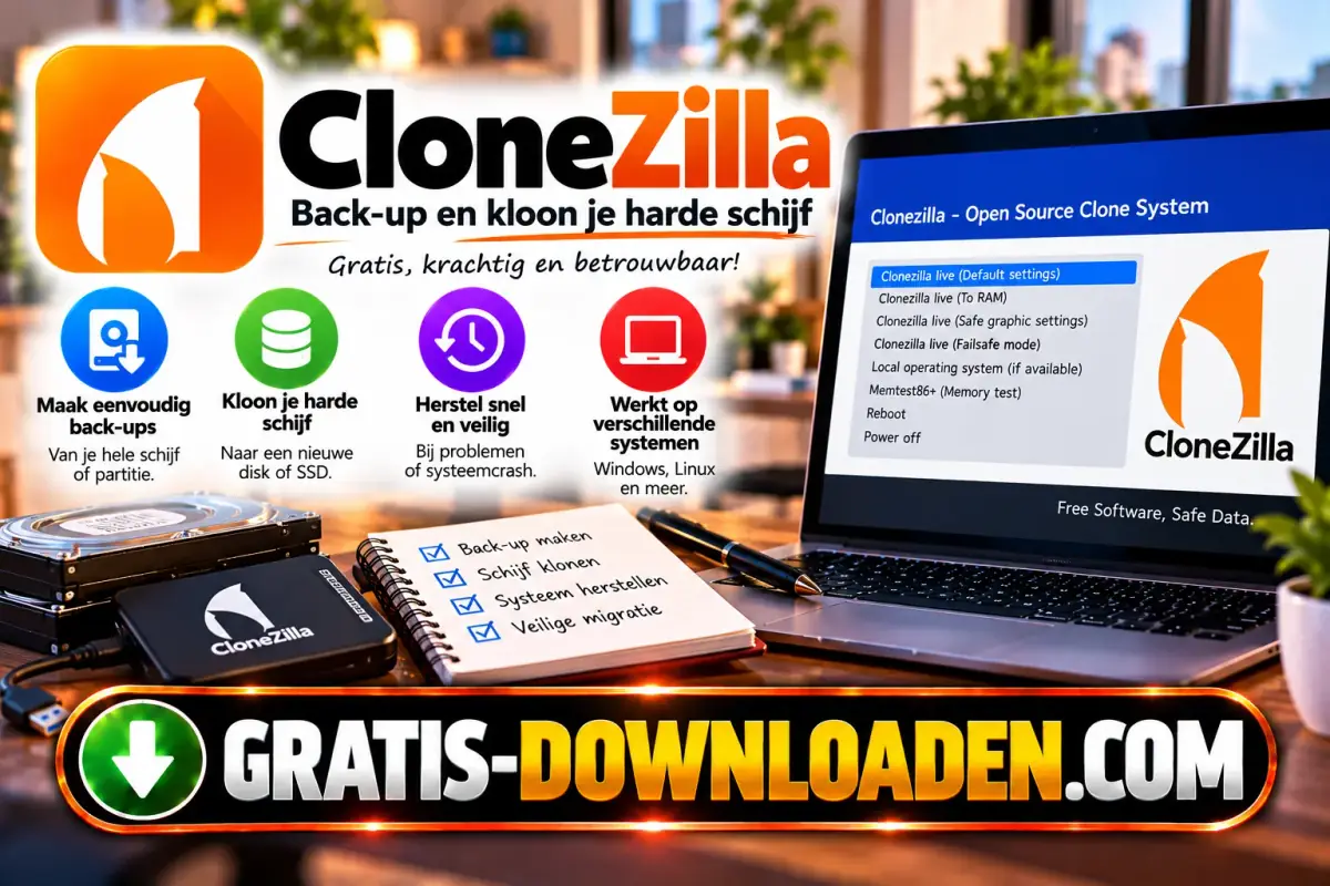 Illustratie van Clonezilla: het Clonezilla-logo met een laptop met het Clonezilla-startmenu, een harde schijf, een SSD en een USB-stick