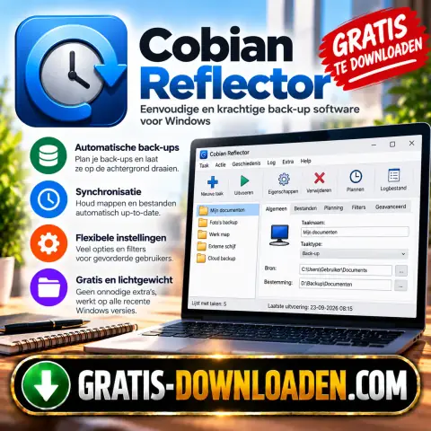 Illustratie van Cobian Reflector: het Cobian Reflector-logo met een klok en een laptop met back-uptaken