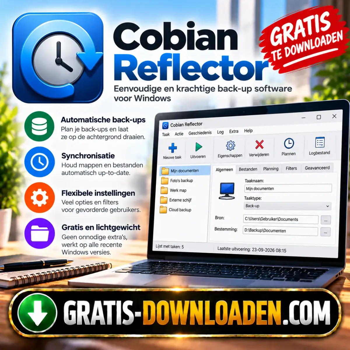 Illustratie van Cobian Reflector: het Cobian Reflector-logo met een klok en een laptop met back-uptaken