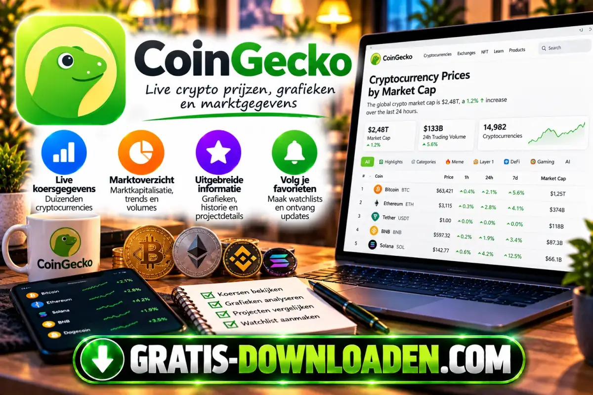 Illustratie van CoinGecko: het groene gekko-logo met een laptop met een koersenoverzicht van cryptomunten, een telefoon en munten