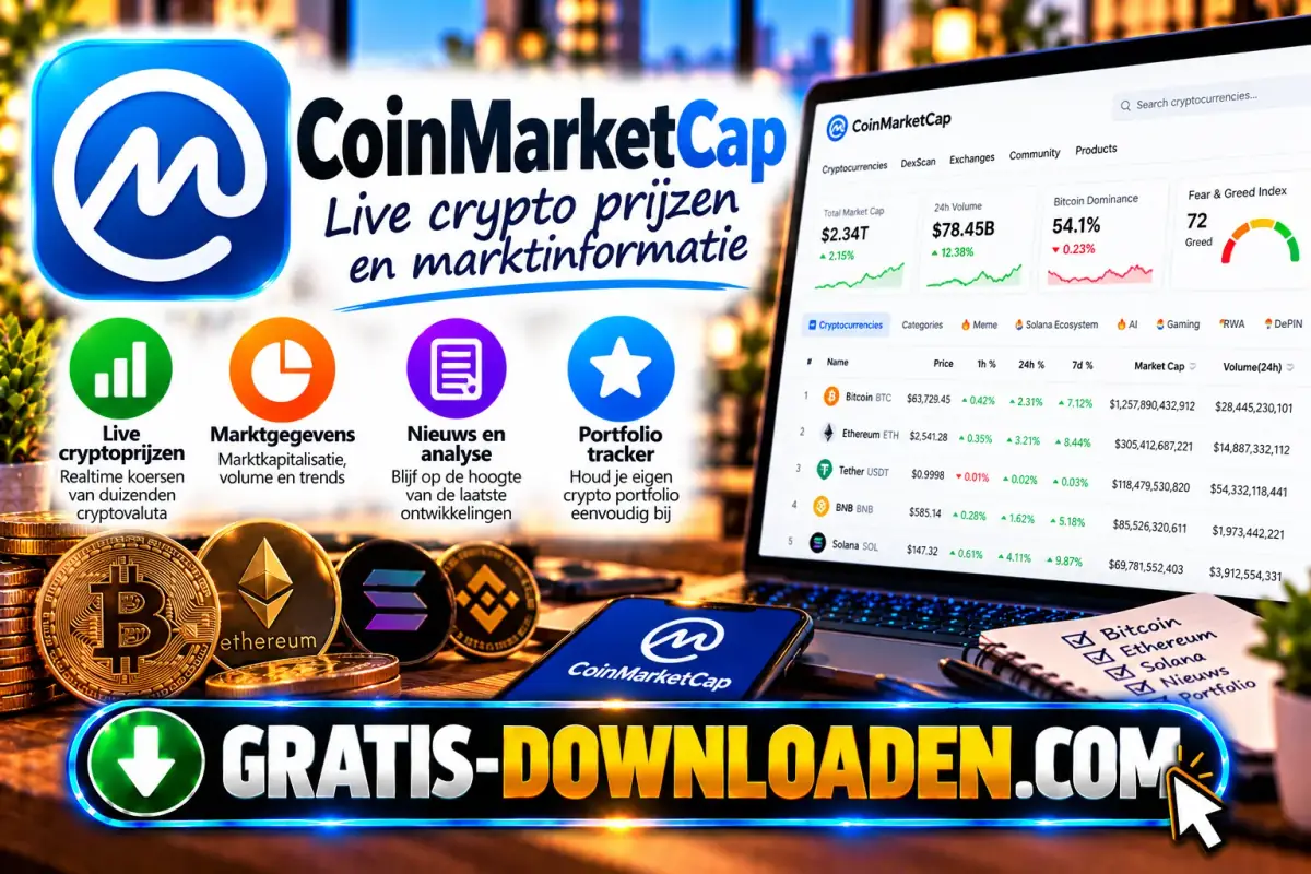 Illustratie van CoinMarketCap: het CoinMarketCap-logo met een laptop met een marktoverzicht en angst-en-hebzuchtmeter, en cryptomunten