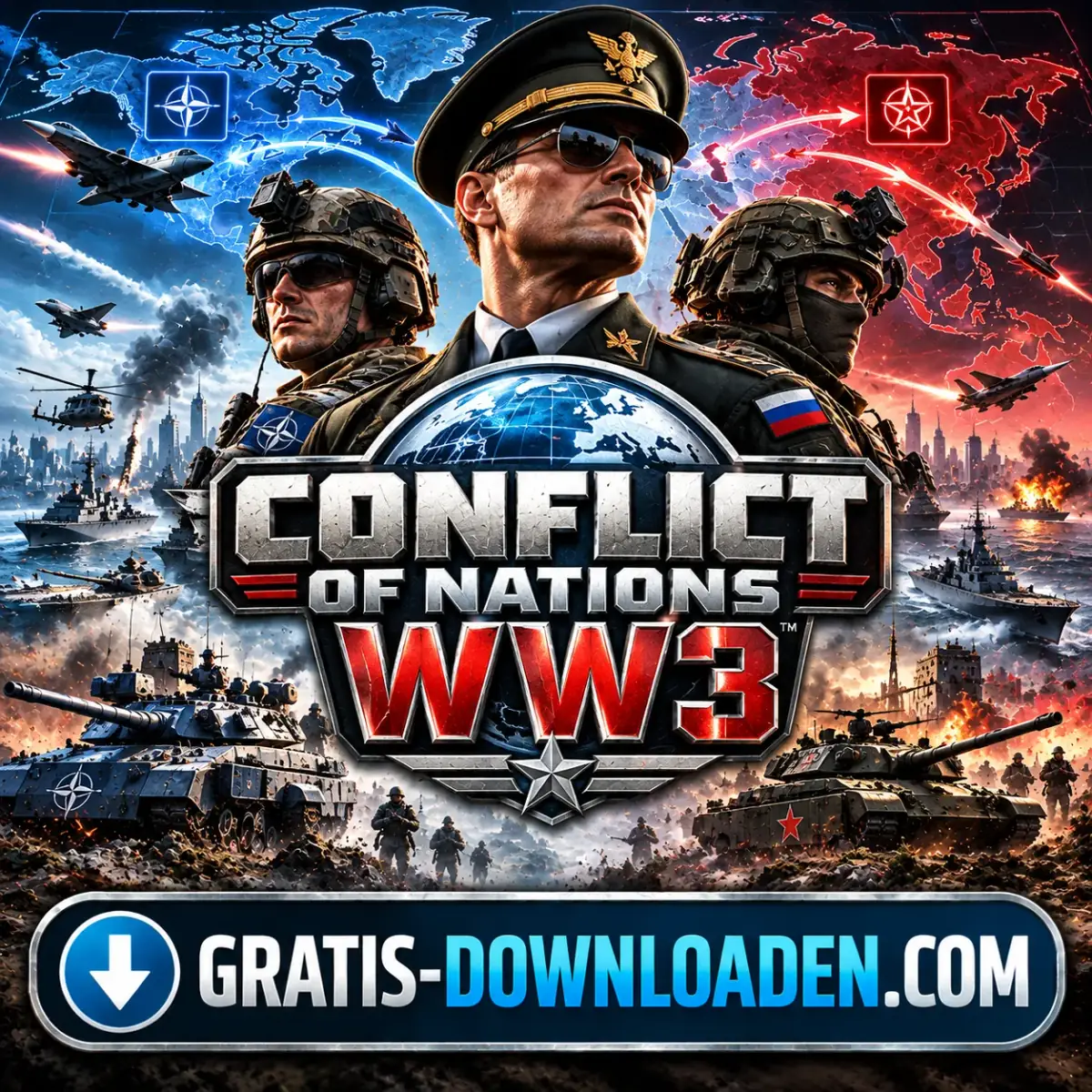 Illustratie van Conflict of Nations: WW3, de vroegere naam van Supremacy: World War 3: moderne soldaten, tanks en een wereldkaart