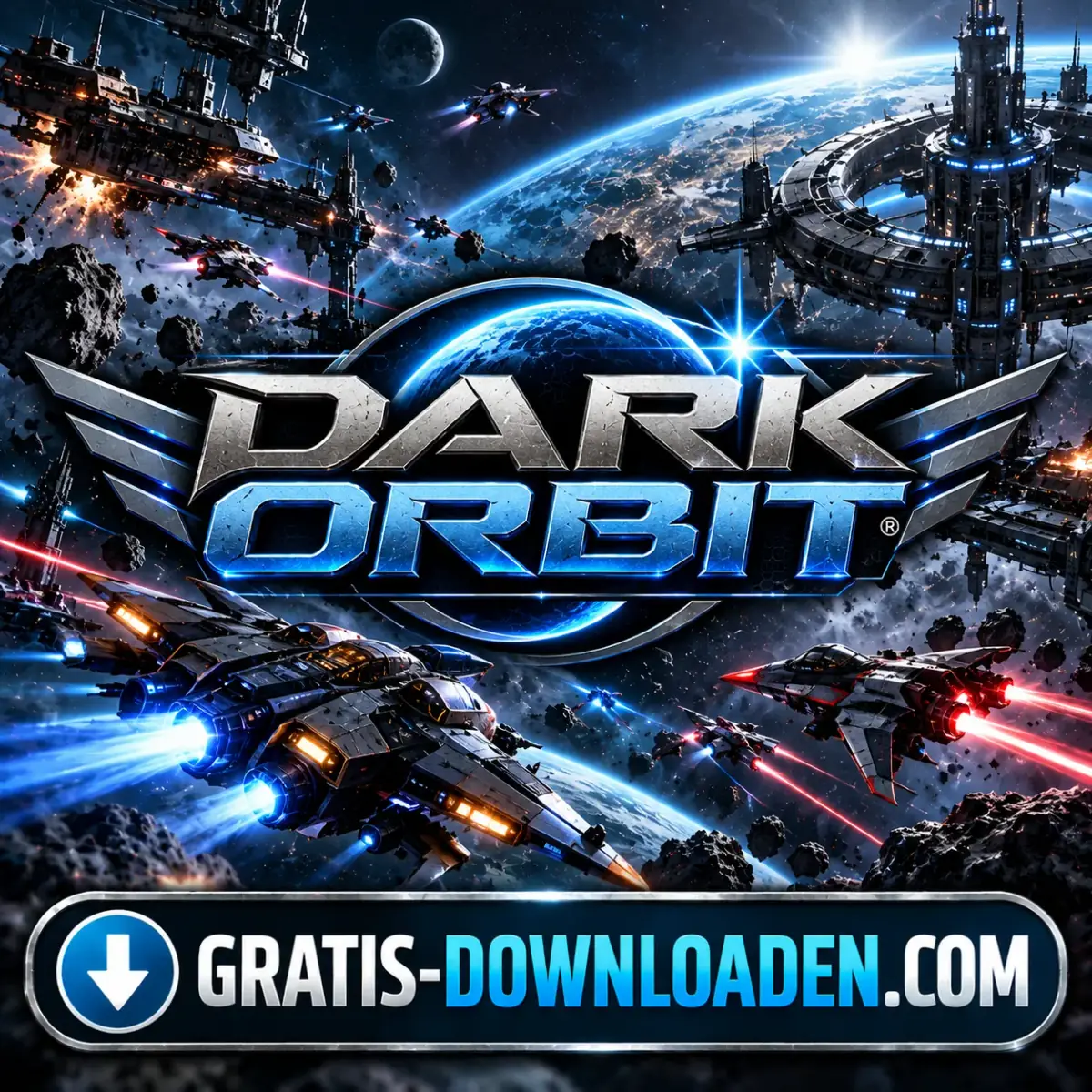 Illustratie van DarkOrbit: vurende ruimteschepen boven een planeet met een ruimtestation