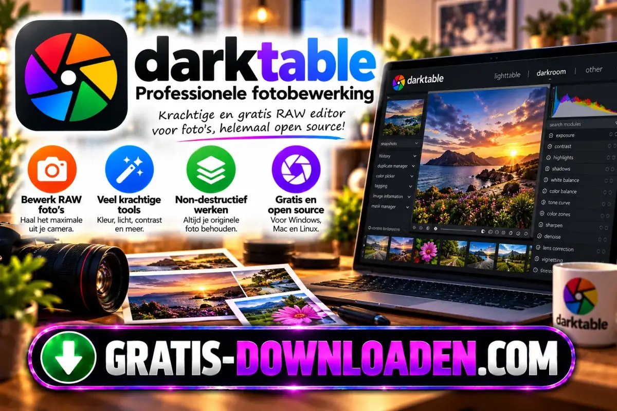 Illustratie van darktable: het darktable-logo met een laptop met een zonsondergangfoto in de bewerkmodus, een camera en afgedrukte foto's