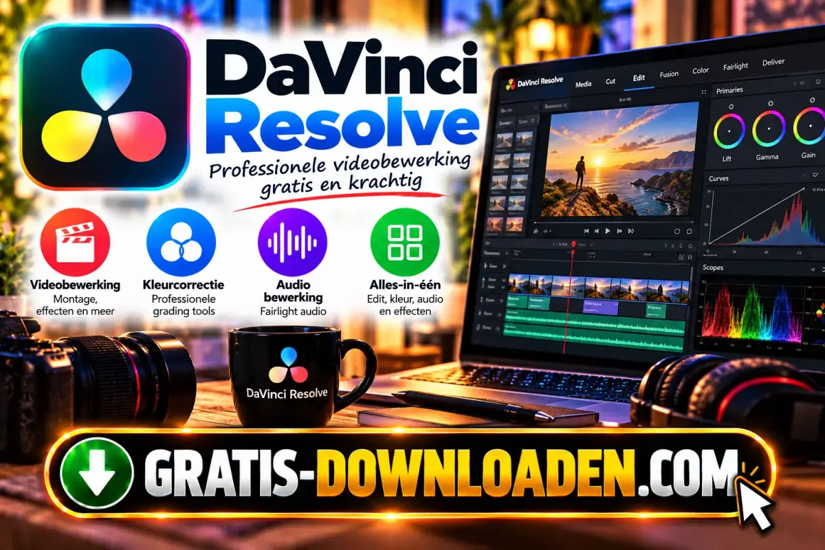 Illustratie van DaVinci Resolve: het DaVinci Resolve-logo met een laptop met een montagetijdlijn en kleurcorrectie, een camera en een koptelefoon