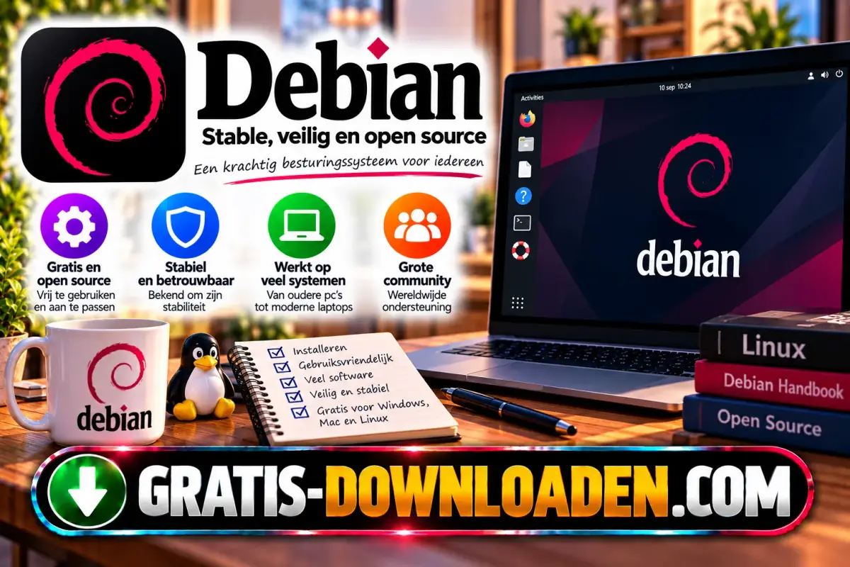 Illustratie van Debian: het Debian-logo met een laptop met het Debian-bureaublad, een pinguïn en boeken over Linux en open source