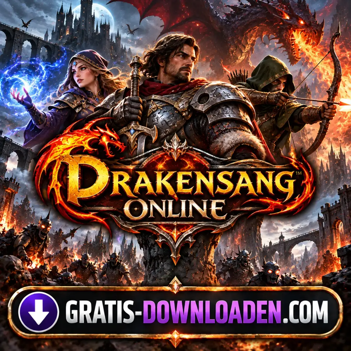 Illustratie van Drakensang Online: een ridder, een magiër en een boogschutter voor een brandende burcht met een draak