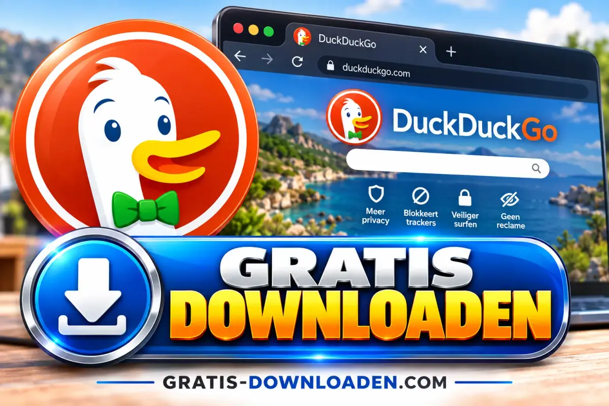 Illustratie van DuckDuckGo: het DuckDuckGo-logo met de eend en een browservenster met de DuckDuckGo-zoekbalk