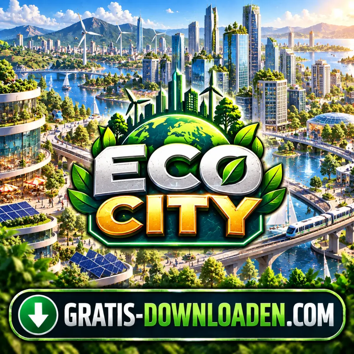 Illustratie van Eco City: een groene stad aan het water met windmolens, zonnepanelen en een trein