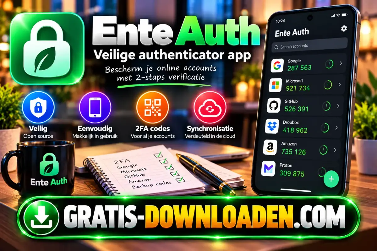 Illustratie van Ente Auth: het Ente Auth-logo met een slot en een telefoon met tweestapsverificatiecodes