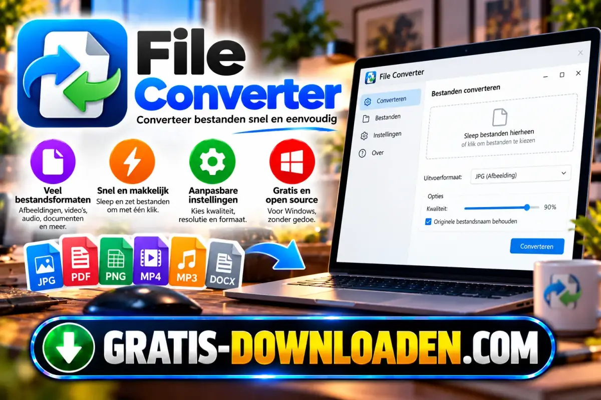 Illustratie van File Converter: het File Converter-logo met een laptop en bestandstypen als PDF, JPG en MP3