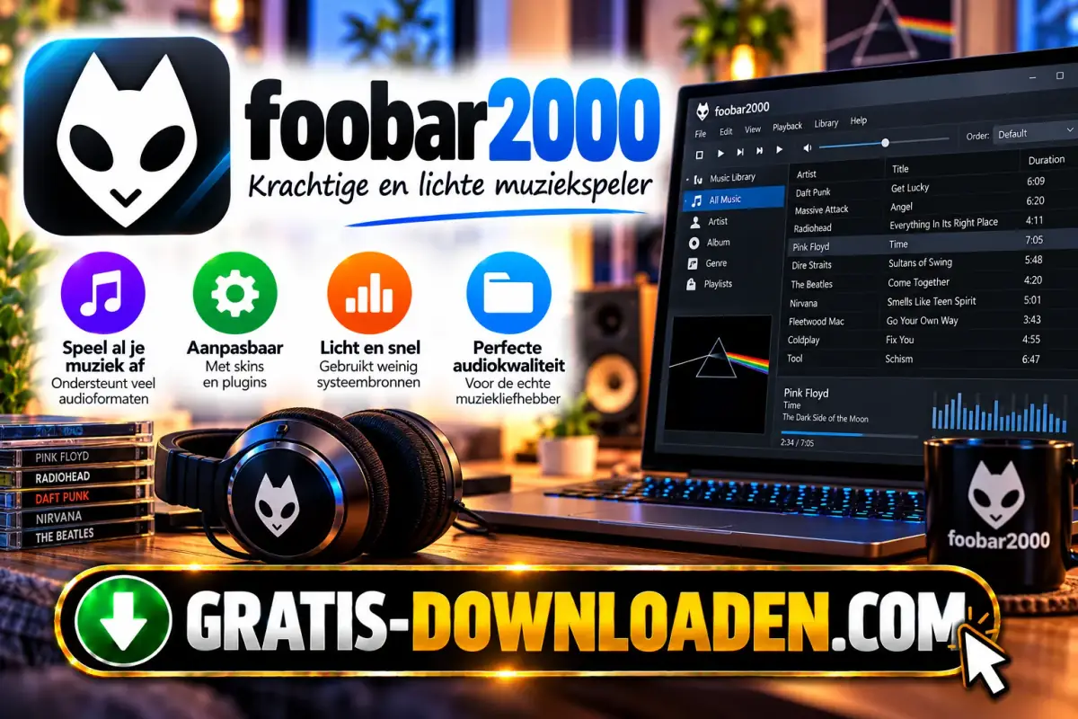 Illustratie van foobar2000: het foobar2000-logo met een laptop met een muziekbibliotheek, een koptelefoon en een stapel cd's