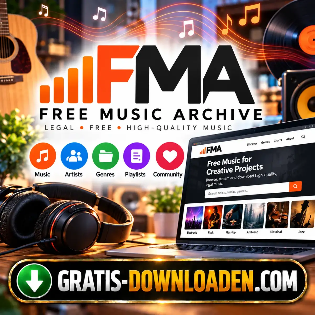 Illustratie van Free Music Archive: het FMA-logo met muzieknoten, een gitaar, koptelefoon en een laptop met de FMA-website