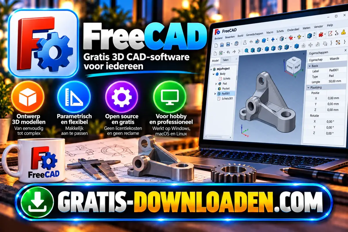 Illustratie van FreeCAD: het FreeCAD-logo met een laptop met een 3D-onderdeel, technische tekeningen, een schuifmaat en tandwielen
