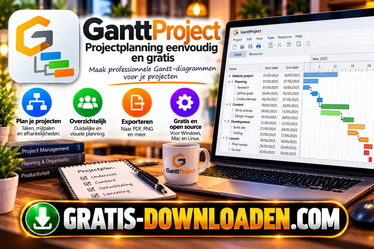 Illustratie van GanttProject: het GanttProject-logo met een laptop met een Gantt-diagram met gekleurde taakbalken en een projectplan op papier