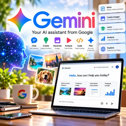 Illustratie van Gemini: het Gemini-logo met een digitaal hoofd, foto's en een laptop met het Gemini-chatvenster naast een Google-mok