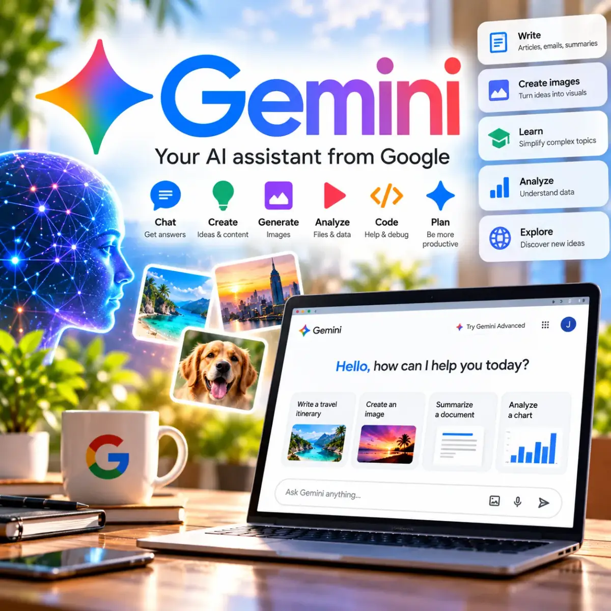 Illustratie van Gemini: het Gemini-logo met een digitaal hoofd, foto's en een laptop met het Gemini-chatvenster naast een Google-mok