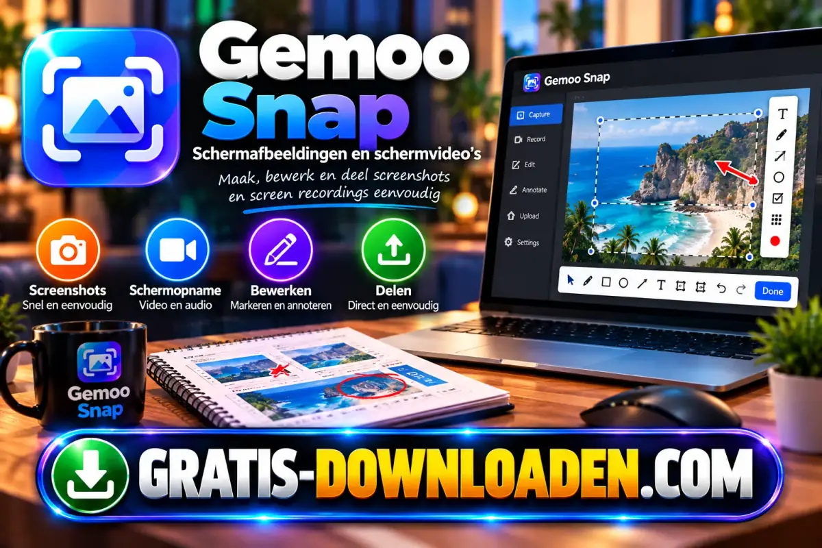 Illustratie van Gemoo Snap: het Gemoo Snap-logo met een laptop met een bewerkte screenshot en iconen voor opnemen en delen
