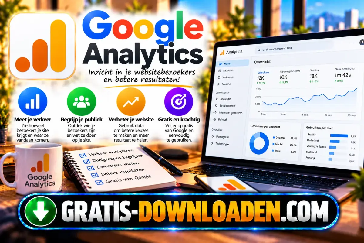 Illustratie van Google Analytics: het oranje Analytics-logo met een laptop met een bezoekersoverzicht, grafieken en gebruikers per land