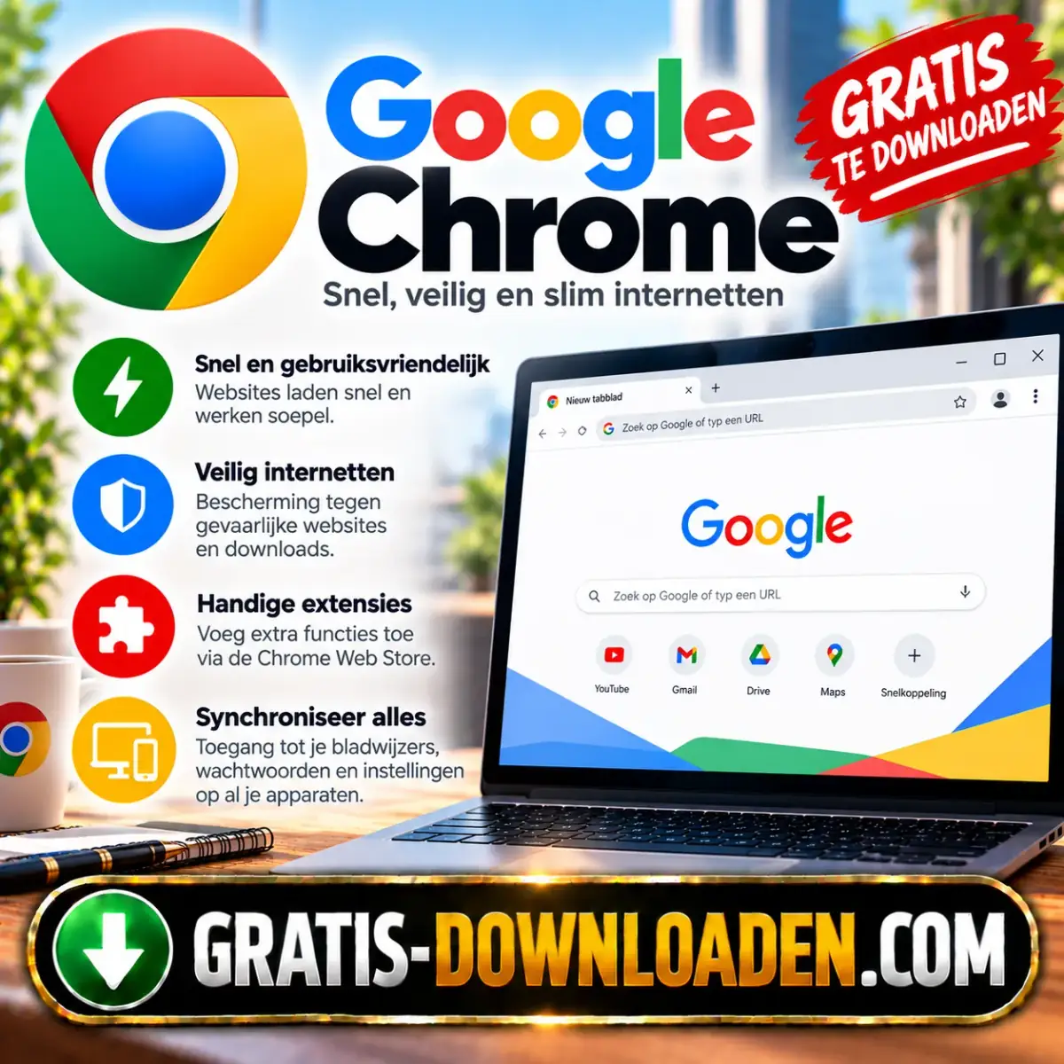 Illustratie van Google Chrome: het Chrome-logo met een laptop met de Google-zoekpagina en iconen voor snelheid, veiligheid en extensies