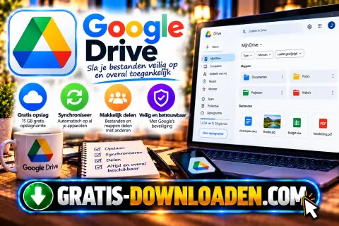 Illustratie van Google Drive: het Drive-logo met een laptop met mappen en bestanden, een telefoon en iconen voor opslag, synchroniseren en delen