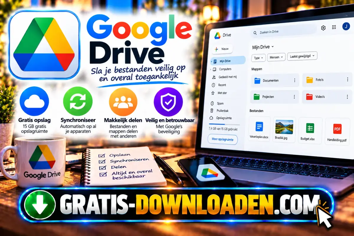 Illustratie van Google Drive: het Drive-logo met een laptop met mappen en bestanden, een telefoon en iconen voor opslag, synchroniseren en delen
