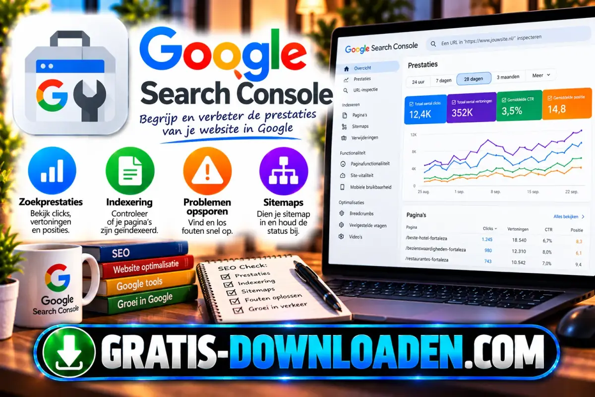 Illustratie van Google Search Console: het Search Console-logo met een laptop met prestatiegrafieken en iconen voor indexering, problemen en sitemaps
