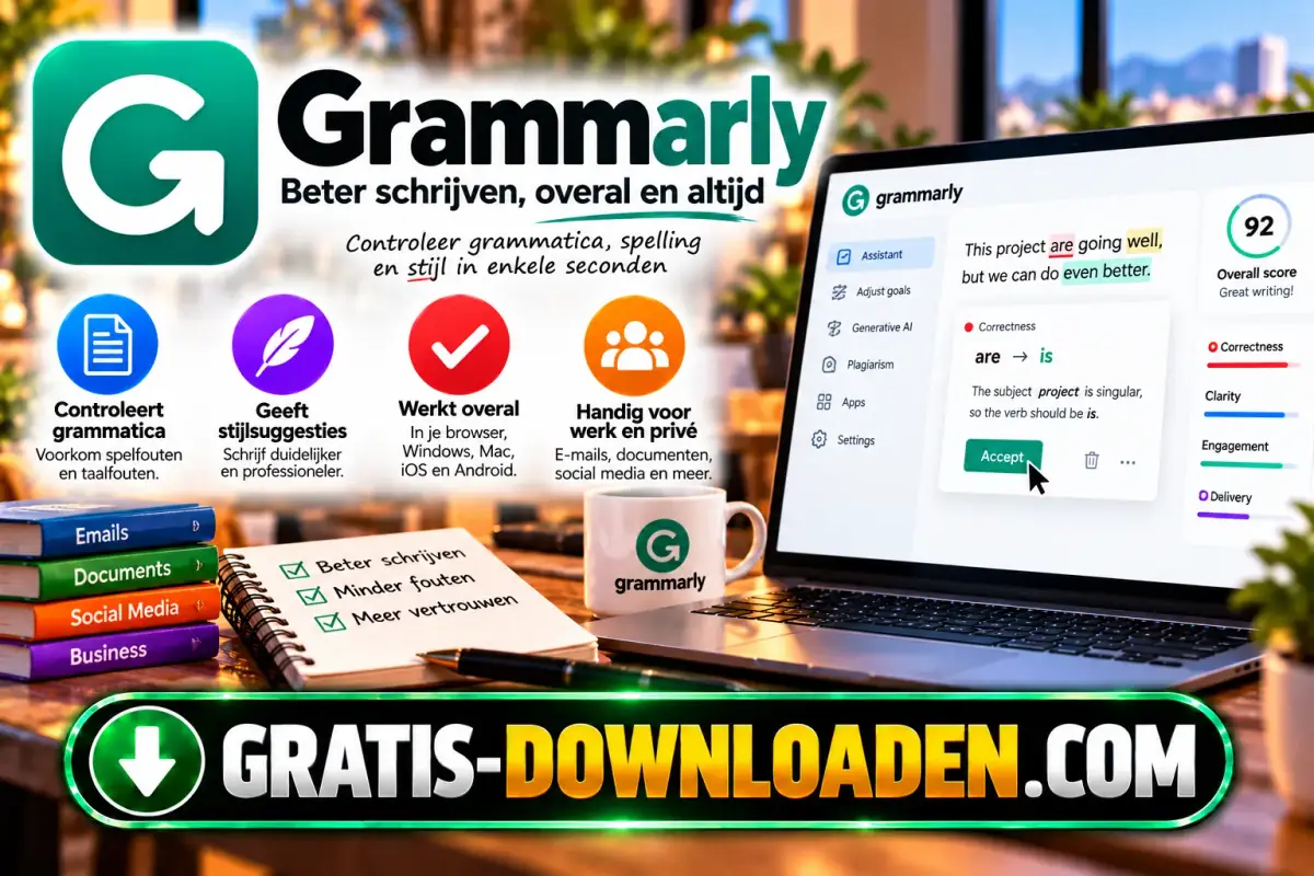 Illustratie van Grammarly: het groene Grammarly-logo met een laptop met een tekstcorrectie en iconen voor grammatica, stijl en tekst