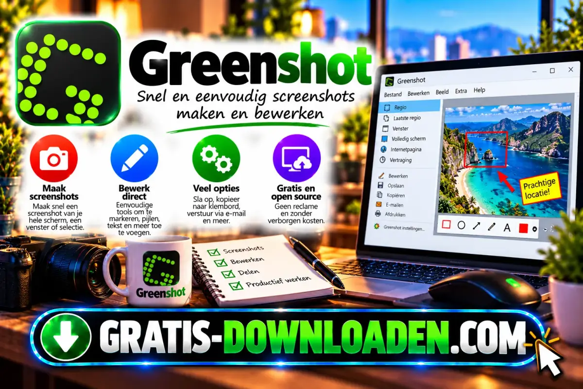 Illustratie van Greenshot: het groene Greenshot-logo met een laptop met de Greenshot-editor, een foto met een rode pijl en tekst