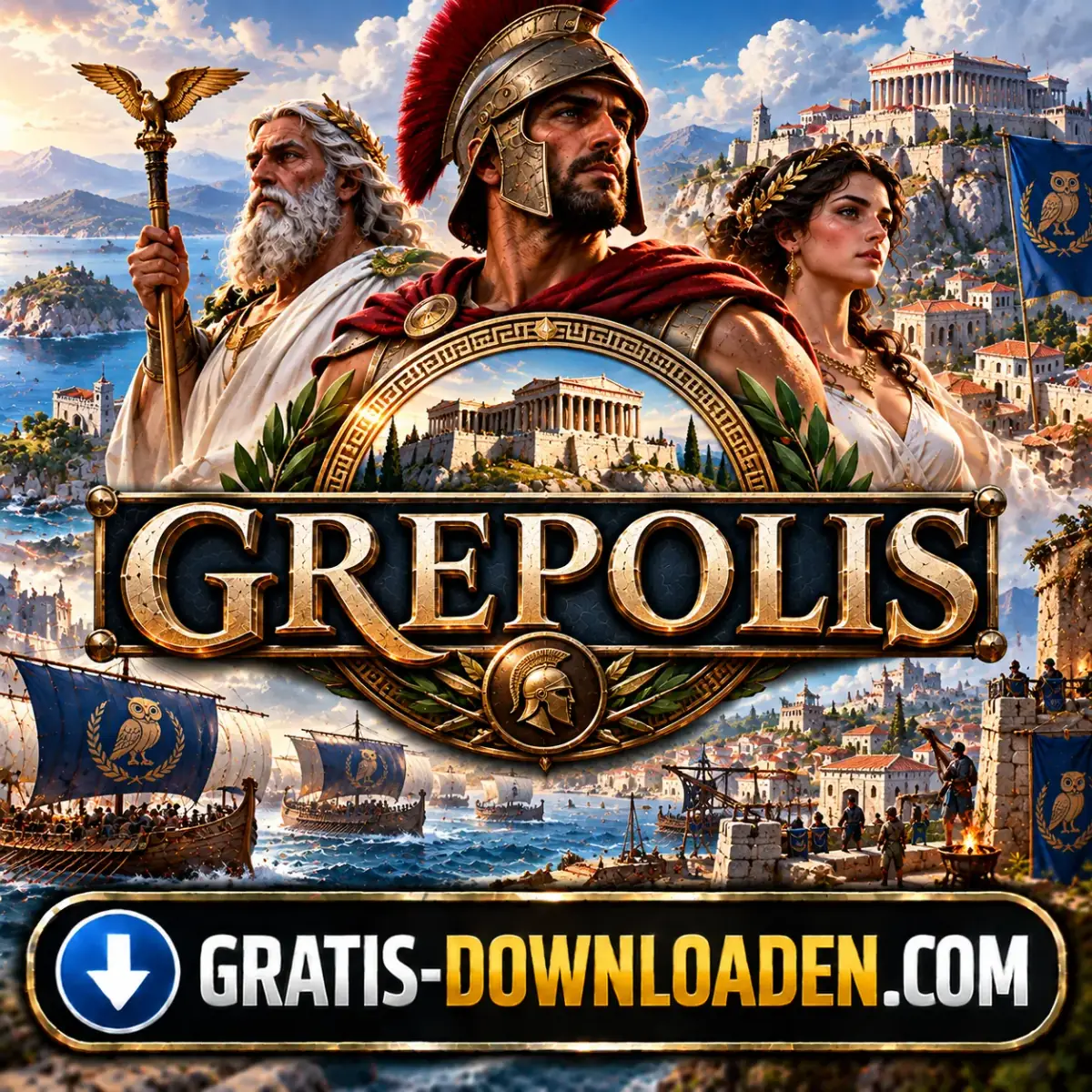 Illustratie van Grepolis: Zeus, een Griekse strijder met helm en een Griekse vrouw voor een tempel en schepen