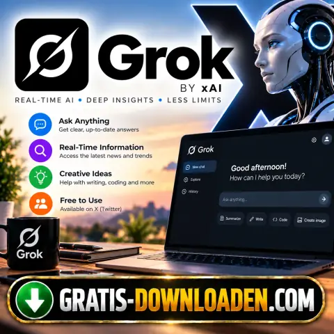 Illustratie van Grok: het Grok-logo van xAI met een robot met koptelefoon, een mok en een laptop met het Grok-chatvenster