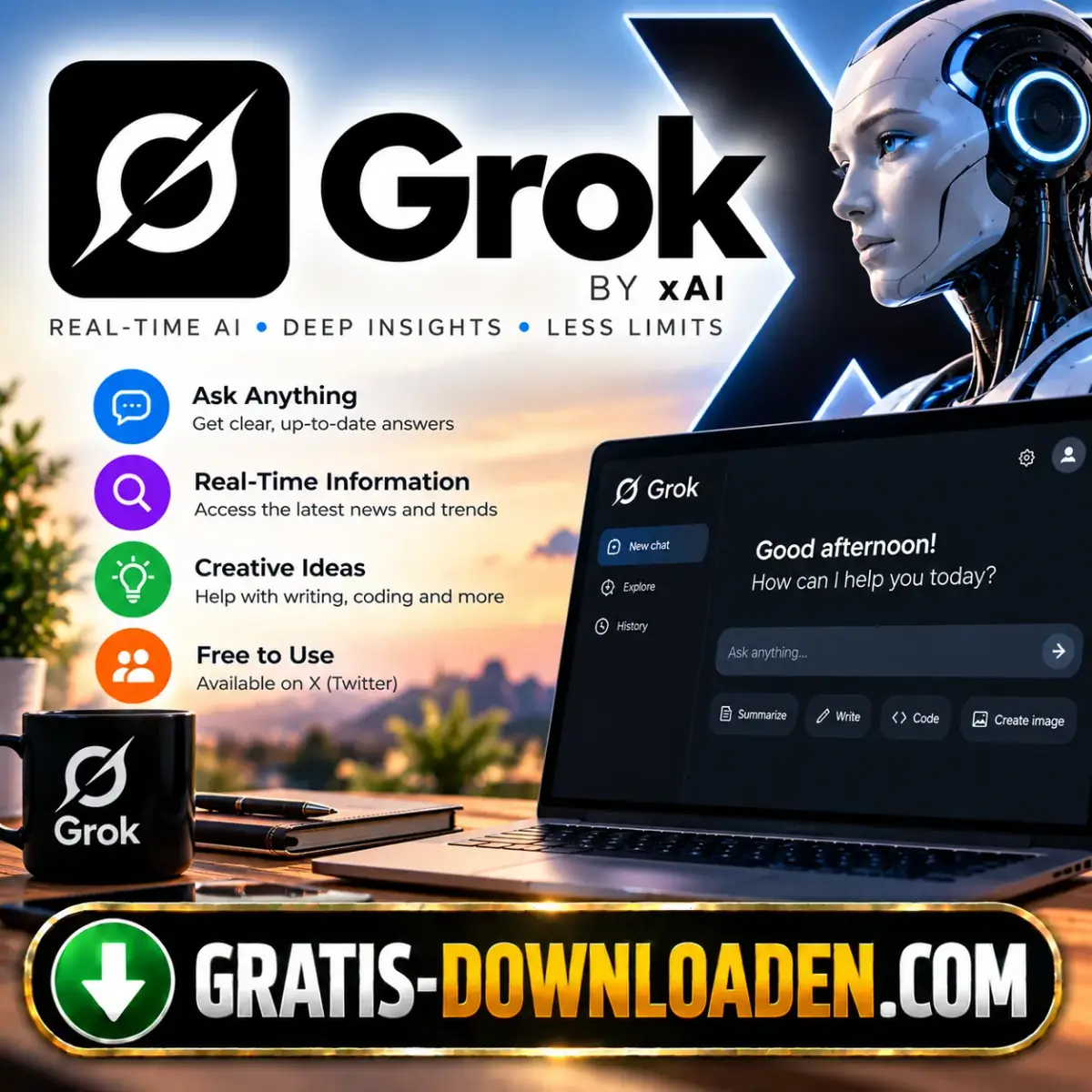 Illustratie van Grok: het Grok-logo van xAI met een robot met koptelefoon, een mok en een laptop met het Grok-chatvenster
