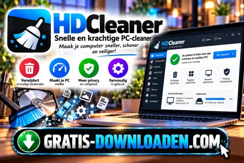 Illustratie van HDCleaner: het HDCleaner-logo met een bezem, een laptop met het programma en een harde schijf