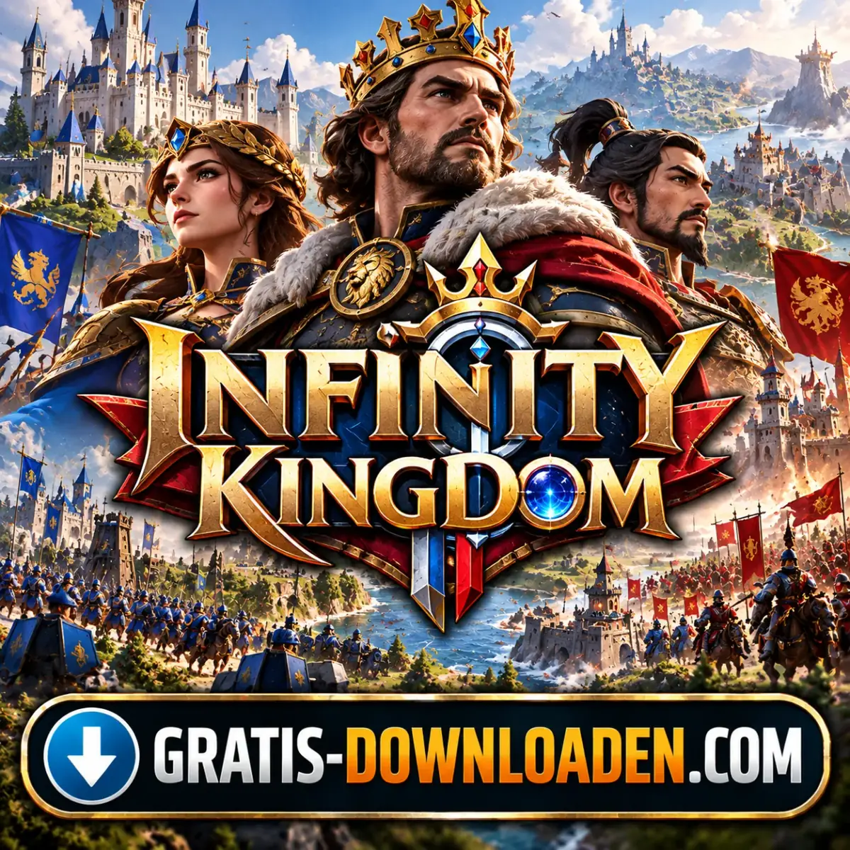 Illustratie van Infinity Kingdom: een gekroonde koning en helden voor een fantasystad met kasteel en legers