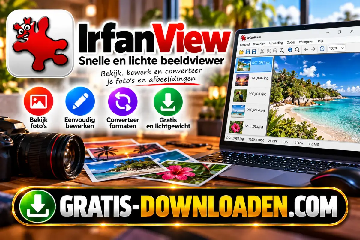 Illustratie van IrfanView: het IrfanView-logo met de rode kat en een laptop met foto's in de viewer