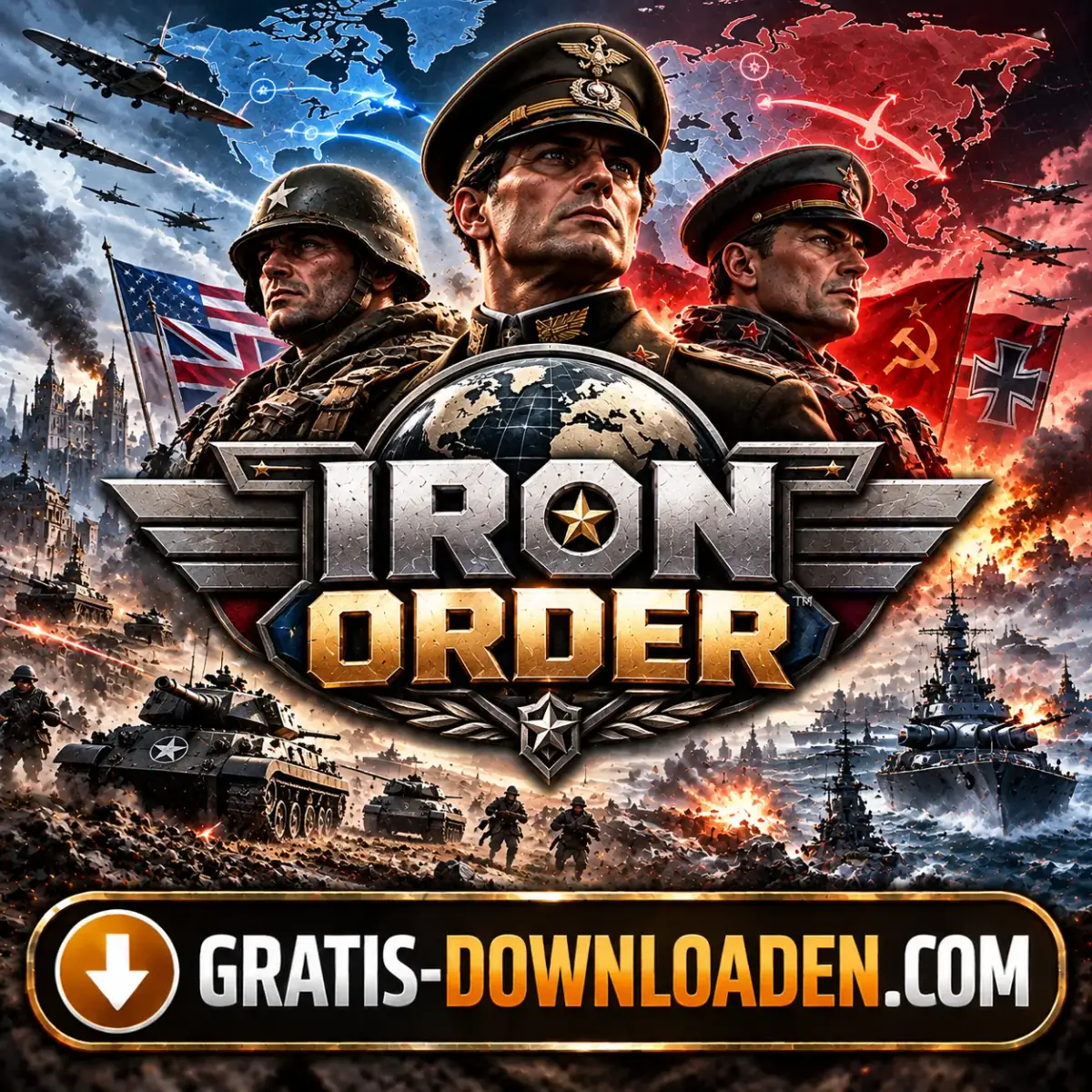 Illustratie van Iron Order 1919: officieren en soldaten uit de Eerste Wereldoorlog met tanks en oorlogsschepen
